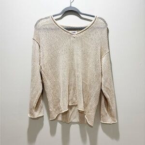 Chico's Beige Open-Knit V-Neck Sweater Linen Blend Beach Relaxed Coastal Sz L